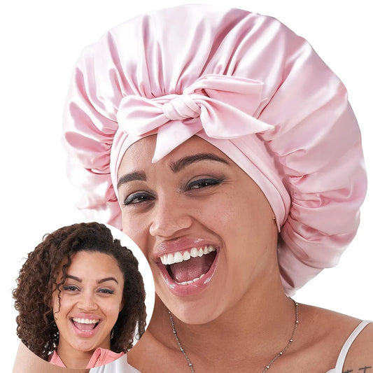 Silk Bonnet For Sleeping Women, Satin Hair Bonnet For Sleeping For Wavy Curly Natural Hair Women Men - Pink